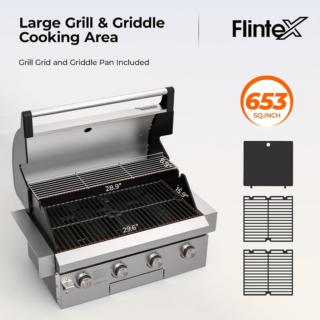 Flintex 30-inch Built-in BBQ Gas Grill (NG/LPG Convertible), 4-Burner Outdoor Kitchen Gas/Propane Grill with Griddle Combo, Stainless Steel Built-in Outdoor BBQ Grill for Outdoor Kitchen