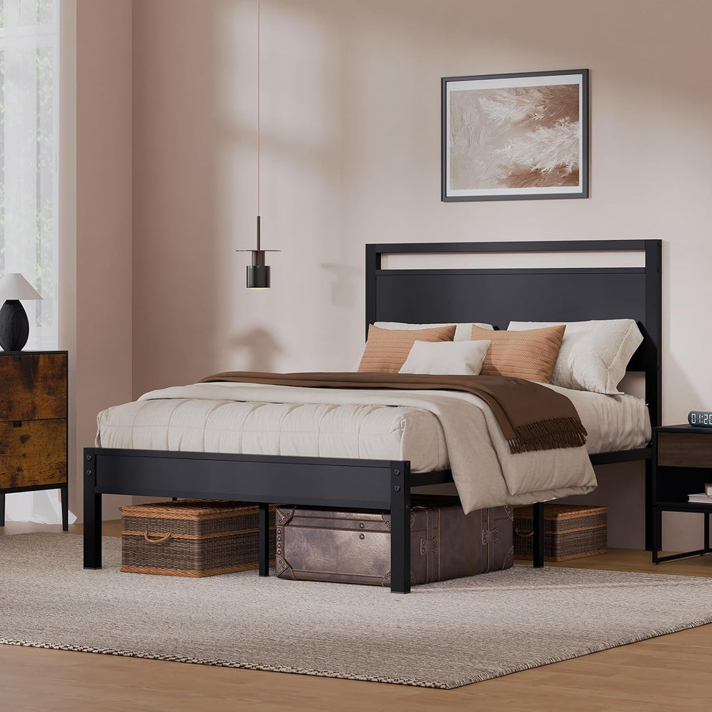 Z-hom Full Metal Bed Frame with Wooden Headboard and Footboard, Heavy Duty Platform Frame with Metal Slats, No Box Spring Needed, Quiet and Non-Slip Design, Space Saving Bed Frame for Bedroom,Black
