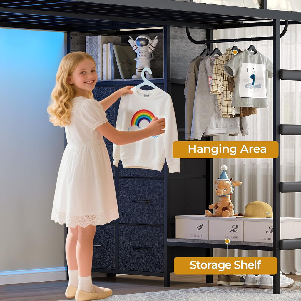 ADORNEVE Full Over Twin Bunk Bed with 8 Storage Drawers, Metal Loft Bed with Led Lights & Storage Shelves, Bunk Beds Twin Over Full Size with 13.4' H Safety Guardrail & Ladder, for Kids & Teens, Grey