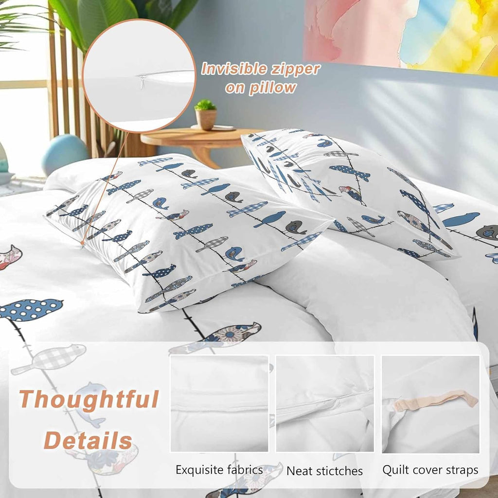 Prime Leader Birds on the Wire Blue Grey Duvet Cover Set Queen Size 4 Pieces Bedding Set with Zipper Closure, 1 Comforter Cover 86x86 Inches 1 Flat Sheet & 2 Pillow Cases