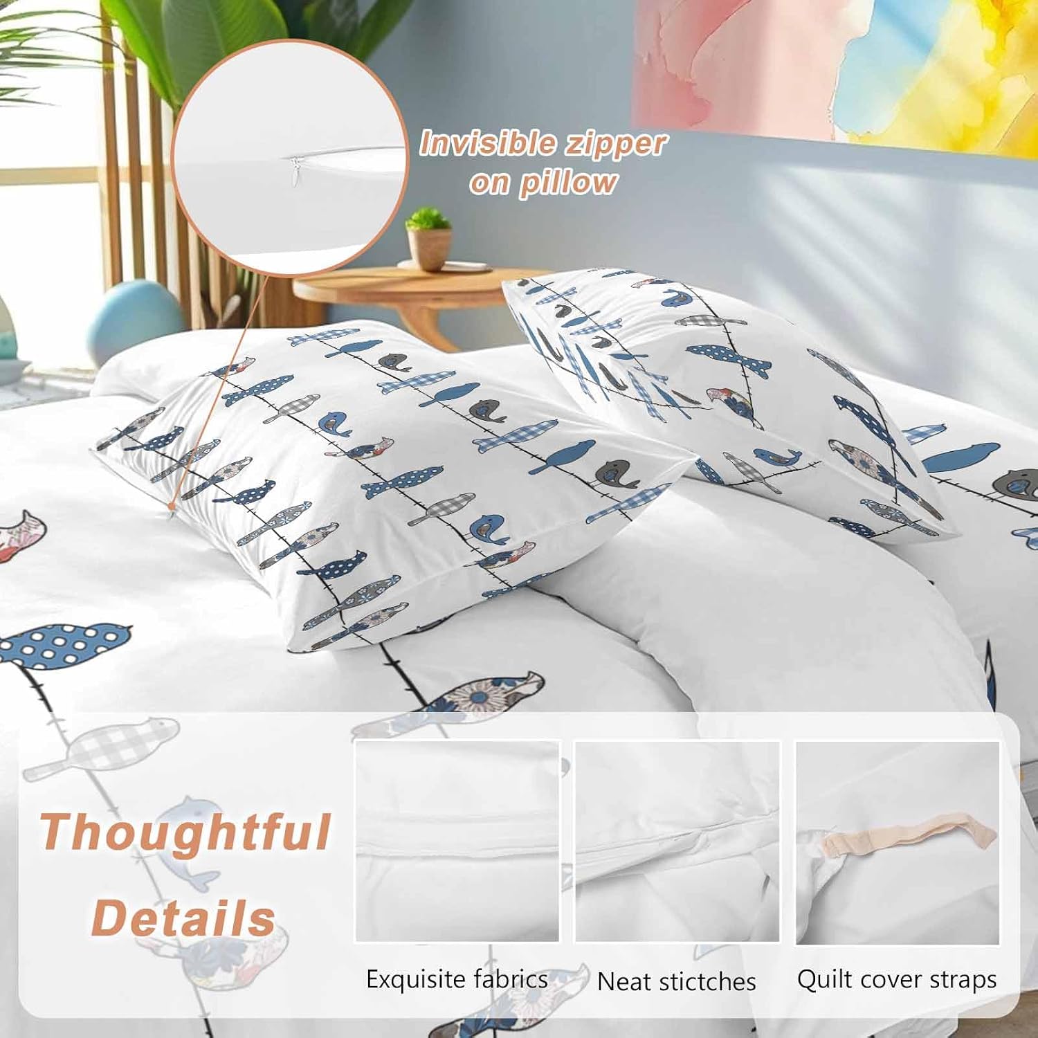 Prime Leader Birds on the Wire Blue Grey Duvet Cover Set Queen Size 4 Pieces Bedding Set with Zipper Closure, 1 Comforter Cover 86x86 Inches 1 Flat Sheet & 2 Pillow Cases