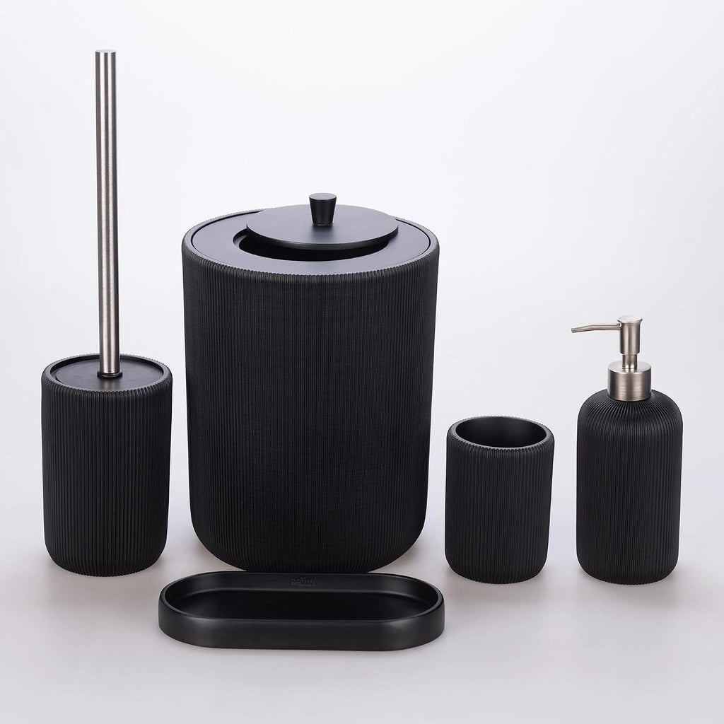 Lydia Collection 5-Piece Resin Bathroom Accessories Set – Toilet Brush Holder, Waste Bin, Soap Dispenser, Tray & Toothbrush Holder (Black)