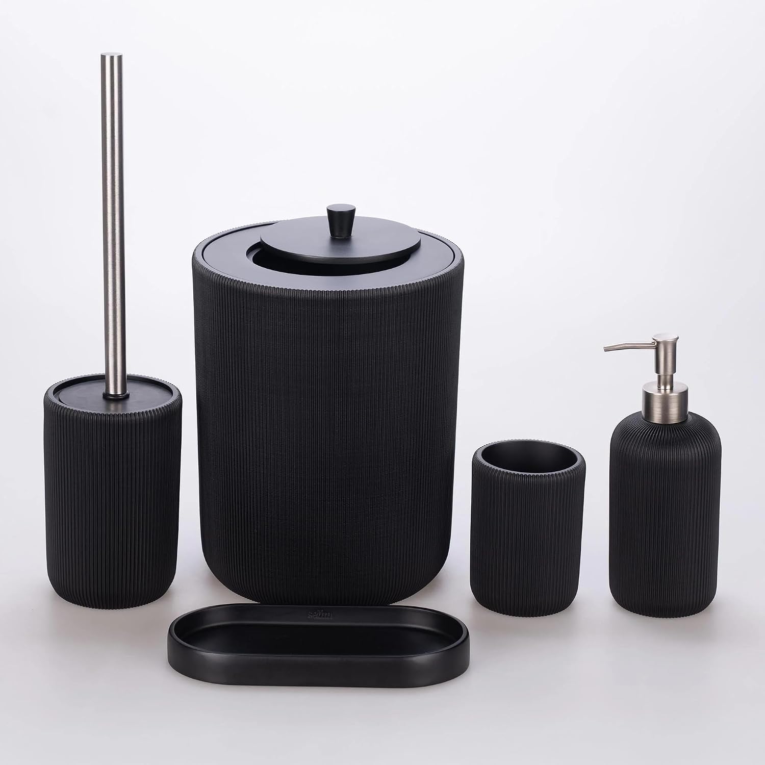Lydia Collection 5-Piece Resin Bathroom Accessories Set – Toilet Brush Holder, Waste Bin, Soap Dispenser, Tray & Toothbrush Holder (Black)
