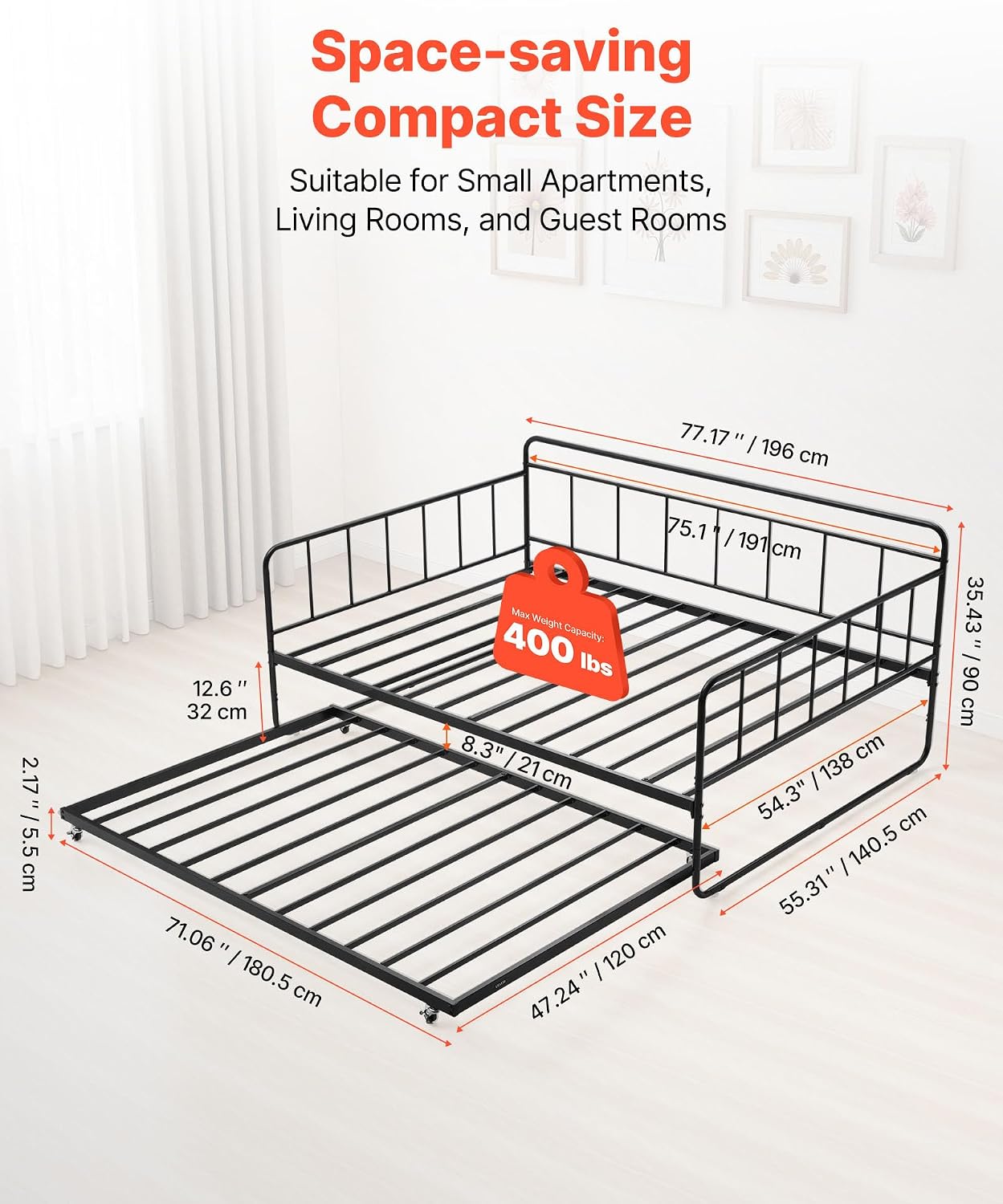 VEVOR Full Size Daybed Frame, Day Bed with Trundle, Heavy Duty Metal Platform Bed Frame, Full Daybed with Metal Slats Support for Living Room, Bedroom, Guest Room, Easy Assembly, Black