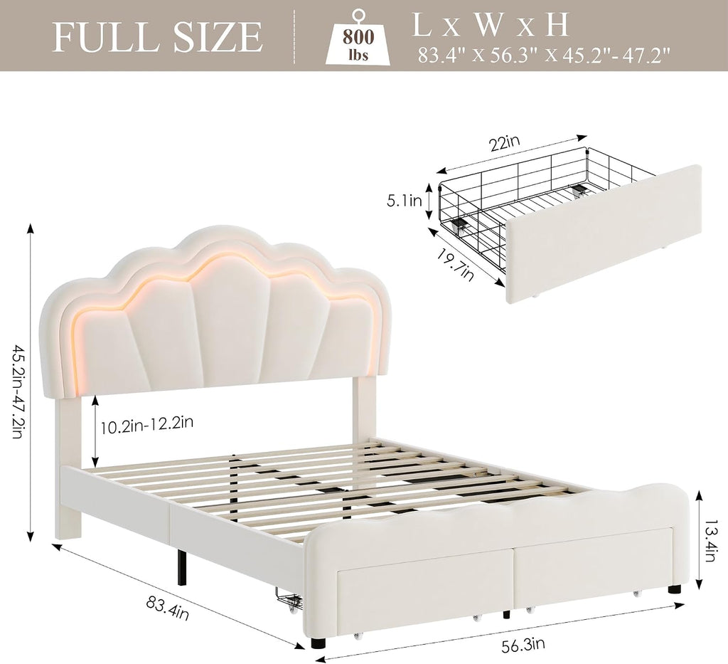 HOSTACK Full Upholstered LED Bed Frame with Storage Drawers, Cute Girls Bed with Adjustable Lotus Headboard, Velvet Princess Platform Bed Frame, Wooden Slats Support, No Box Spring Needed, Cream