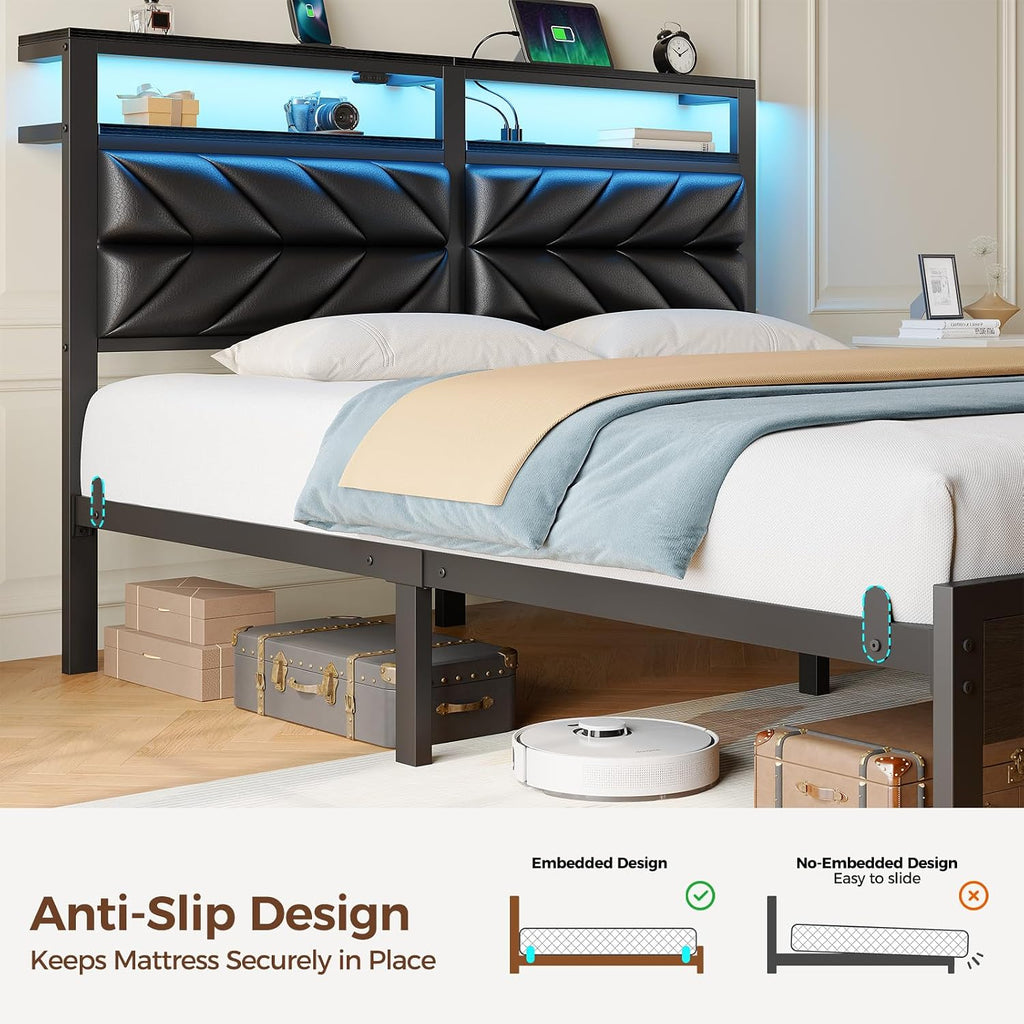 Seventable King Size Bed Frame with Charging Station & LED Lights, Upholstered Headboard with 2-Tier Storage Shelves, Metal Platform with Under Bed Storage, No Box Spring Needed, Easy Assembly, Black