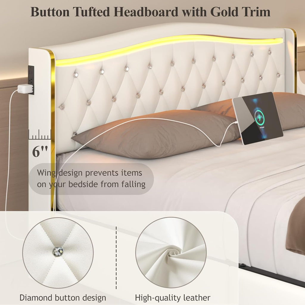 E-Motie Queen Bed Frame with Wingback Headboard, Upholstered Platform Bed with RGB LED Lights, Charging Station, 4 Storage Drawers & Metal Slat Support, No Box Spring Needed, White
