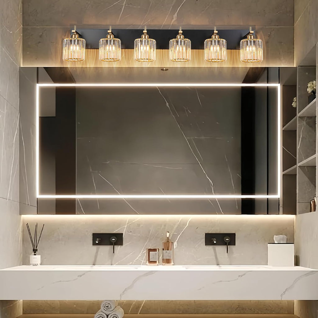 6-Light Crystal Bathroom Vanity Light, Modern Black Gold Bathroom Light Fixtures Over Mirror Crystal Wall Lighting with Polished Gold Finish