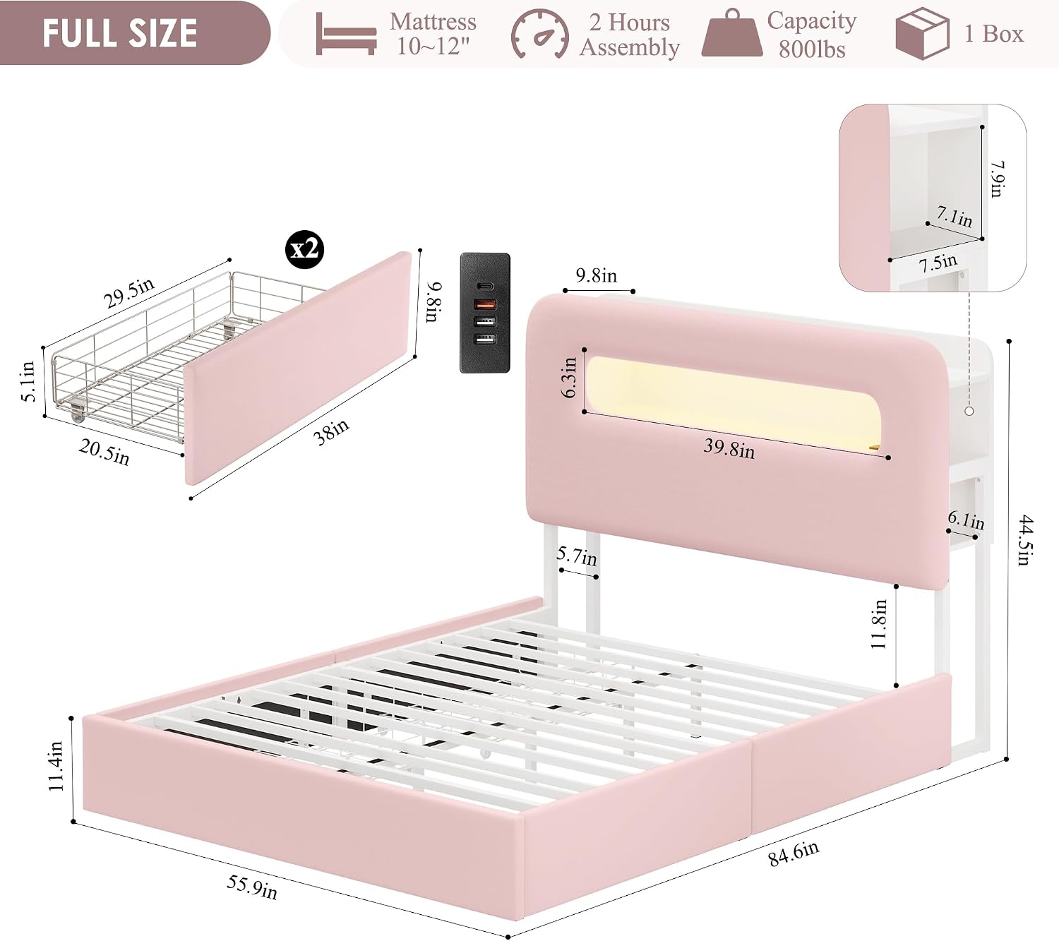HOSTACK Full LED Bed Frame with Storage Headboard and Charging Station, Girls Bed Frame with 2 Drawers and USB Ports, Velvet Upholstered Platform Bed Frame with Bookcase, No Box Spring Needed, Pink