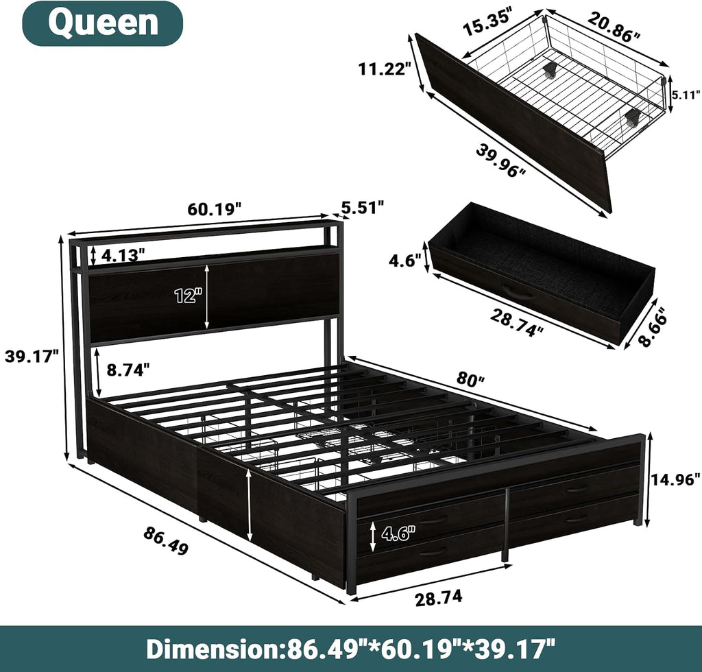 Zevemomo Queen Bed Frame with 8 Storage Drawers, Queen Metal Bed Frame with LED Light and Charging Station, Heavy Duty Metal Slats, No Box Spring Needed, Black