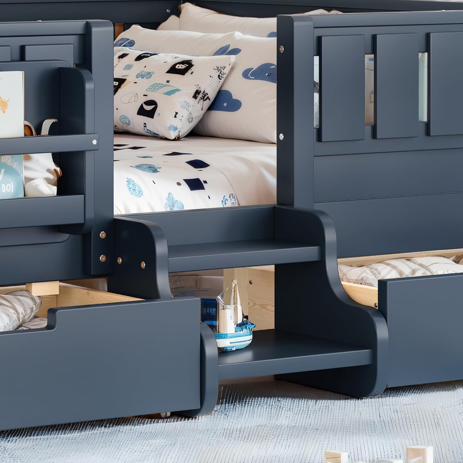 Bellemave Full Floor Bed with Stairs, Rails and Slats, Full Size Montessori Floor Bed with Bookshelf and 2 Storage Drawers, Easy Assemble Montessori Beds Frame for Girls, Boys, Blue