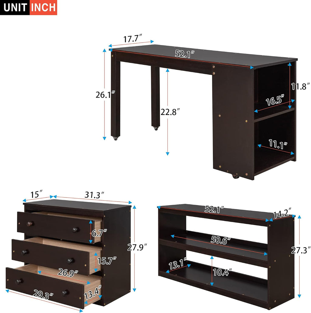 Bellemave Low Loft Bed with Desk and Dresser Full Size, Wood Kids Loft Beds Frame with Cabinet & Storage Shelves & Rolling Portable Desk for Juniors, Teen, Boys, Girls, Espresso