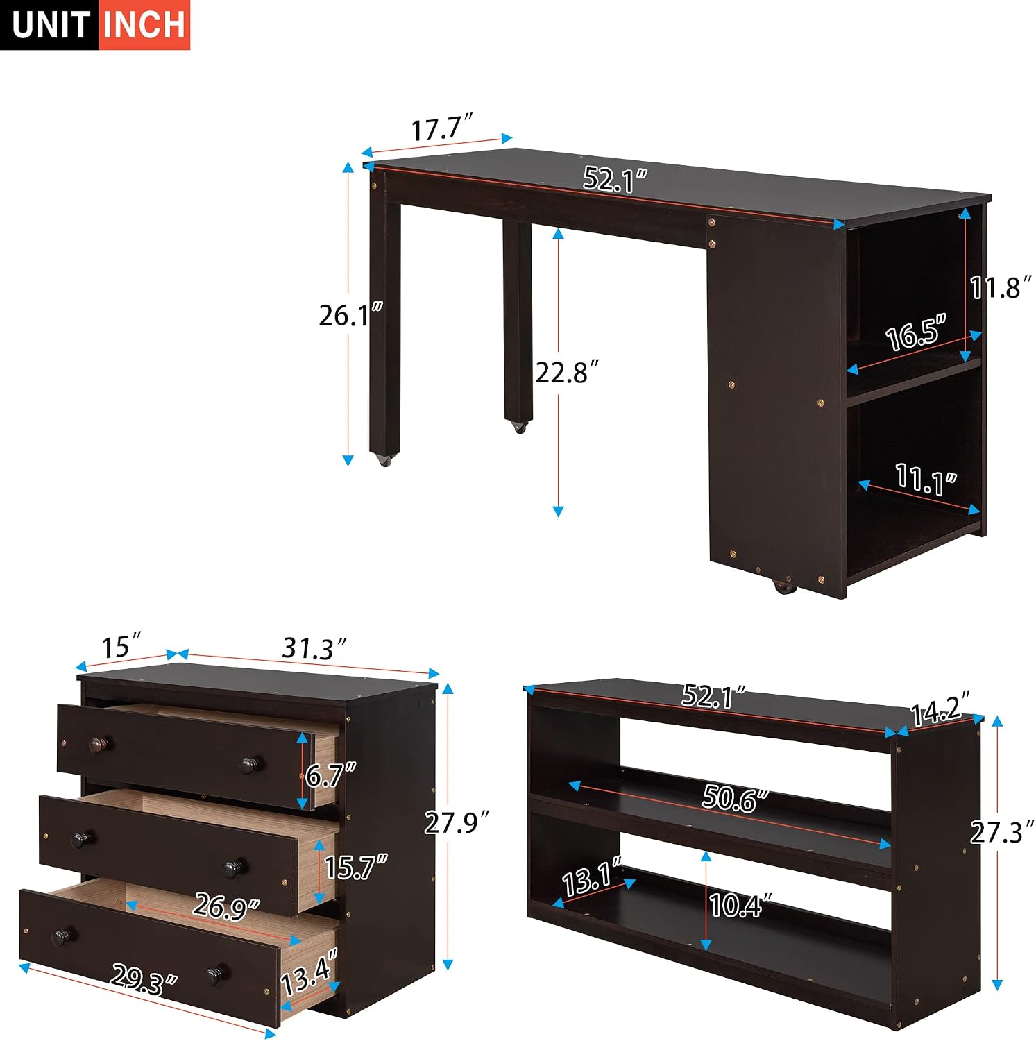 Bellemave Low Loft Bed with Desk and Dresser Full Size, Wood Kids Loft Beds Frame with Cabinet & Storage Shelves & Rolling Portable Desk for Juniors, Teen, Boys, Girls, Espresso
