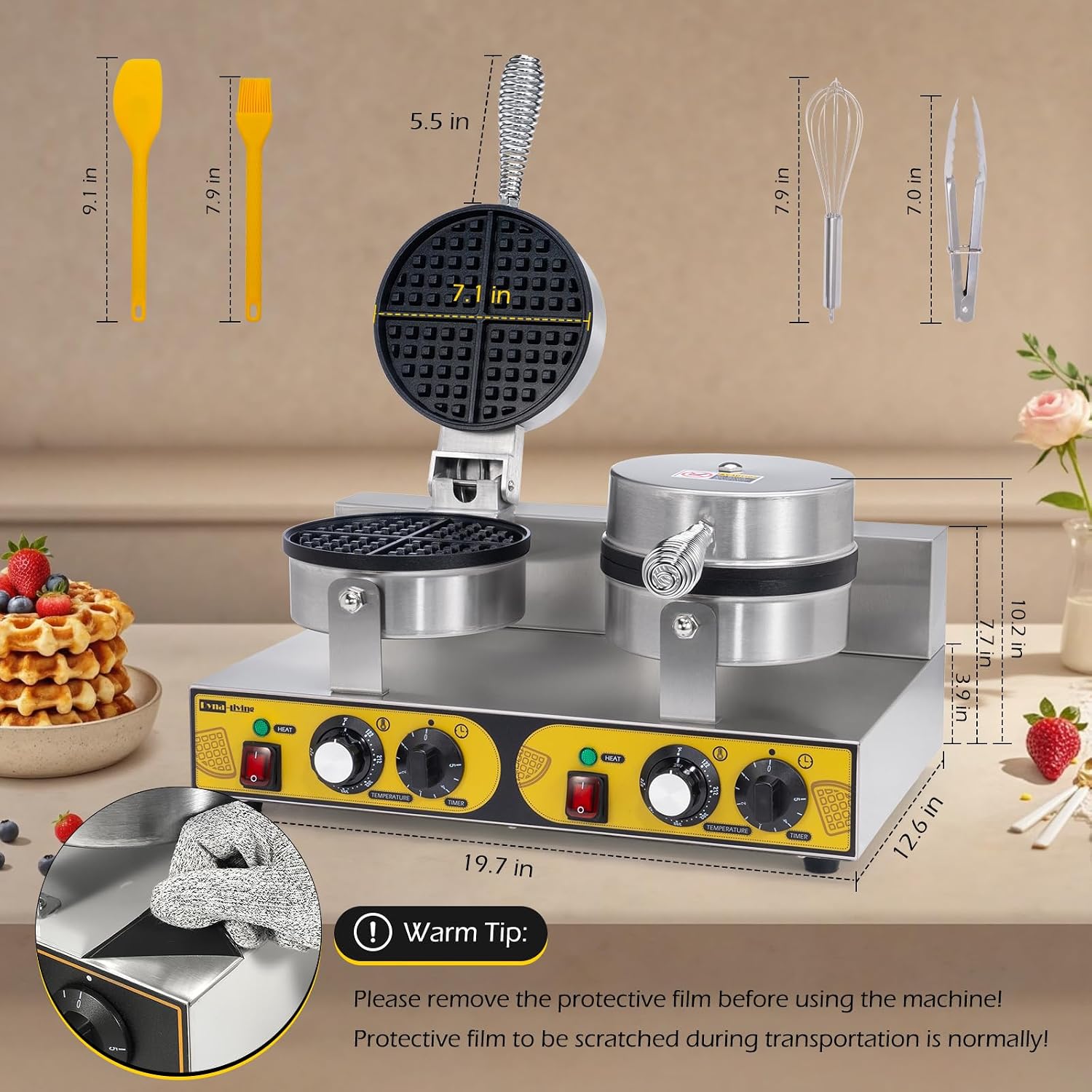 Dyna-Living Double Head Commercial Waffle Maker 2400W & Commercial Electric Griddle 22'' Flat Top Grill Countertop 122°F-572°F Temp Adjustable