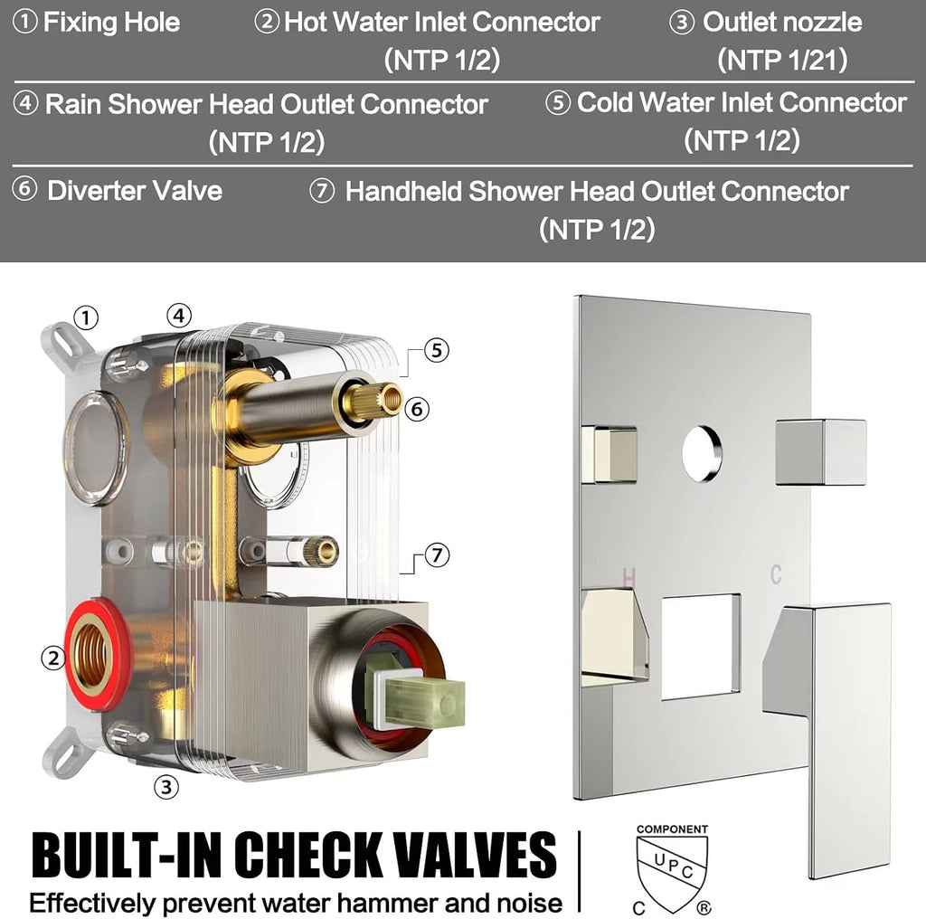 Rain Shower System 12 inch Shower Faucet Set with Tub Spout,Bathroom Wall Mounted Waterfall Shower Head Faucet Sets Complete with Handheld Spray,Rough-in Valve Body and Trim kit,Chrome Polished