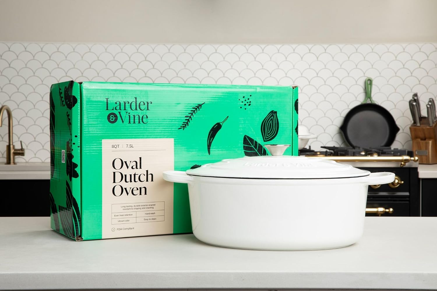 Larder & Vine 6-Piece Enameled Cast Iron Pan Cookware Sets, Includes 8 Quart and 5.7 Quart Dutch Oven with Lids, Braiser/Crock Pot with Lid (White)