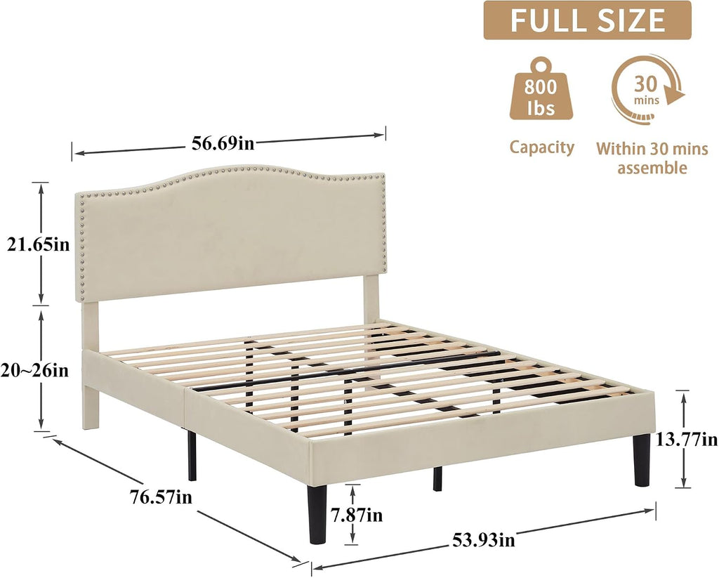 VECELO Full Bed Frame, Platform Bed Frame with Adjustable Height Upholstered Headboard, Heavy-Duty Frame and Strong Wooden Slats Support, Non-Slip and Noise-Free, Easy Assembly, Beige