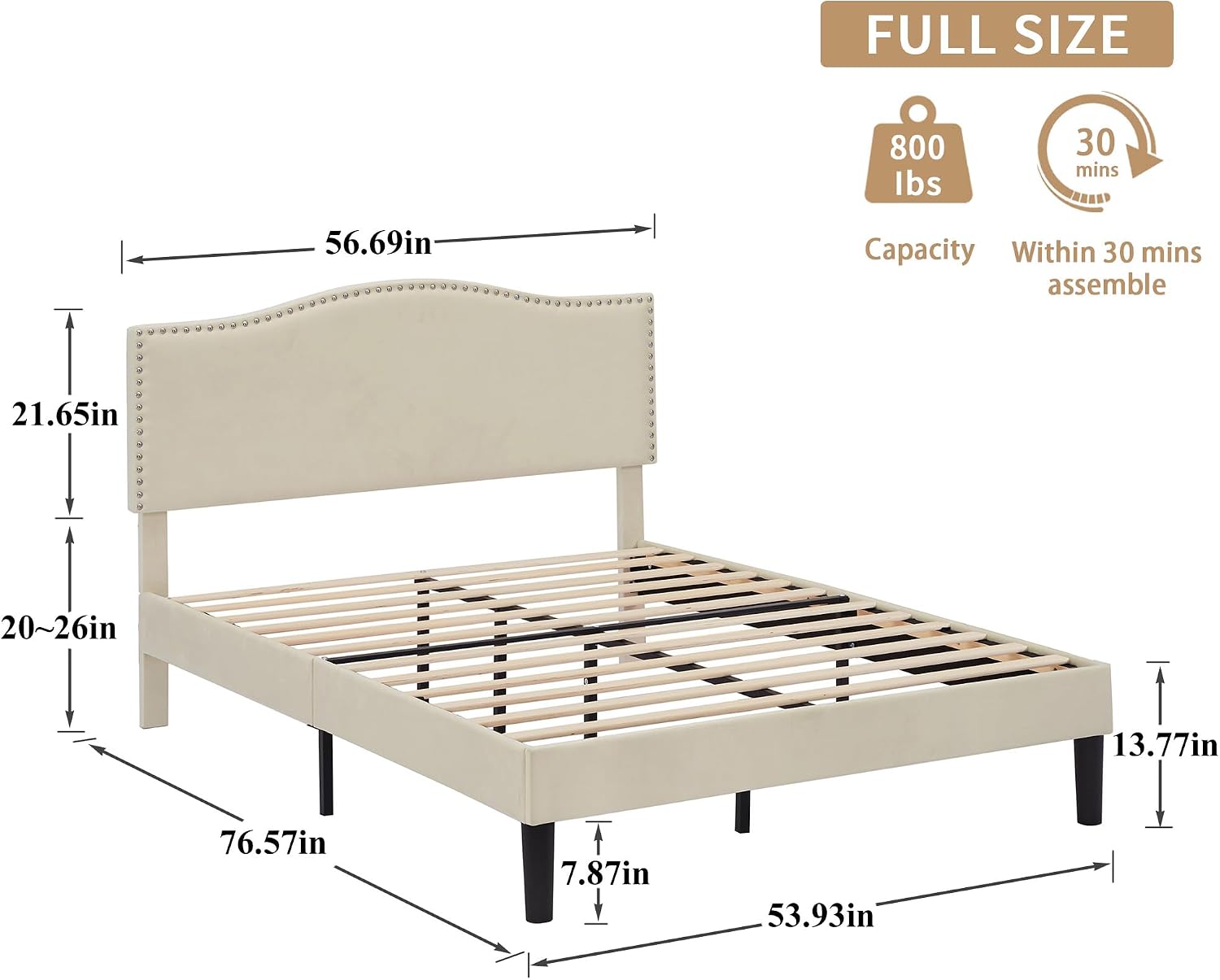 VECELO Full Bed Frame, Platform Bed Frame with Adjustable Height Upholstered Headboard, Heavy-Duty Frame and Strong Wooden Slats Support, Non-Slip and Noise-Free, Easy Assembly, Beige