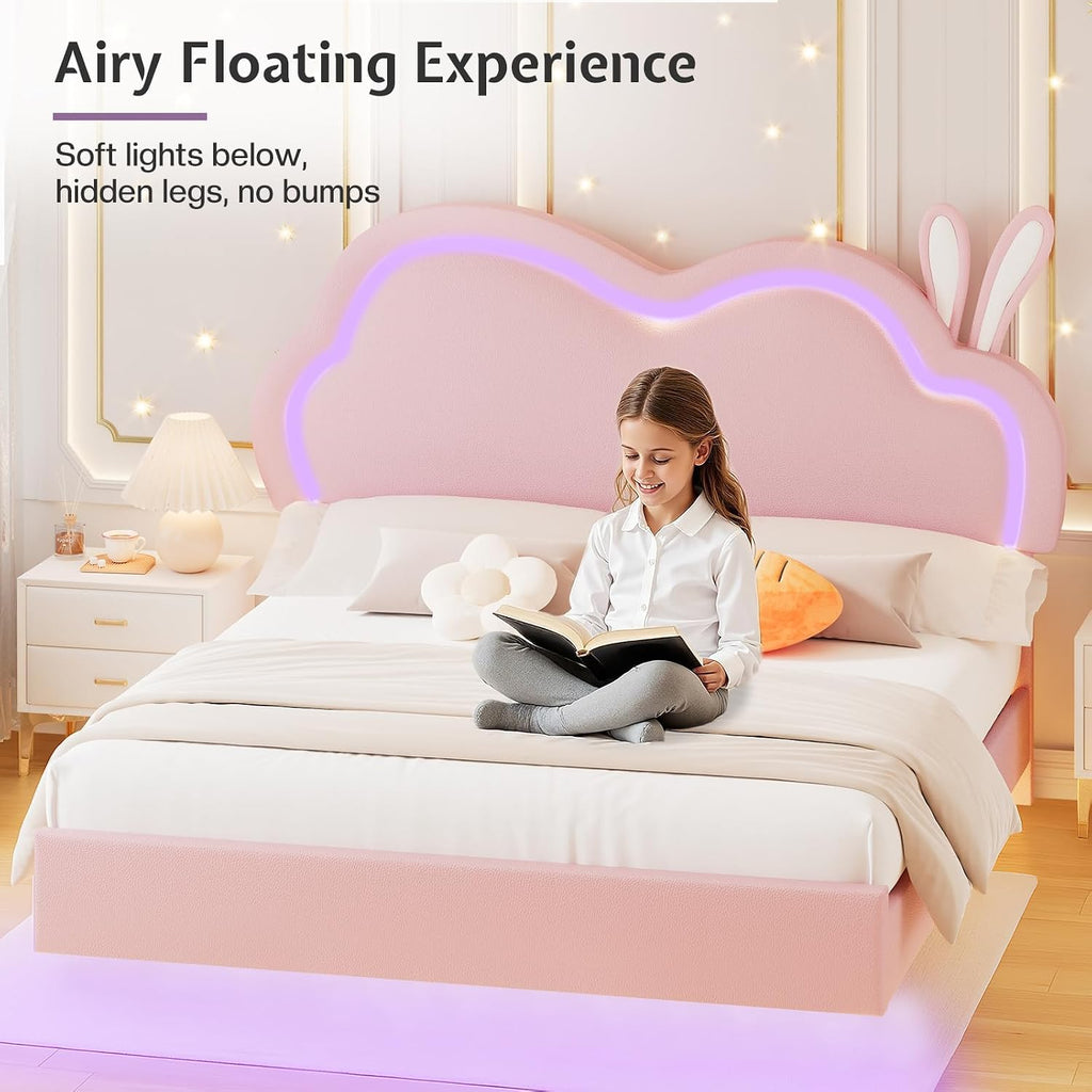 Jocisland Full Size Floating Bed Frame, Faux Leather Upholstered Platform Bed with LED Lights, Adjustable Cloud Headboard, No Box Spring Needed, Pink | Bunny Ears Design