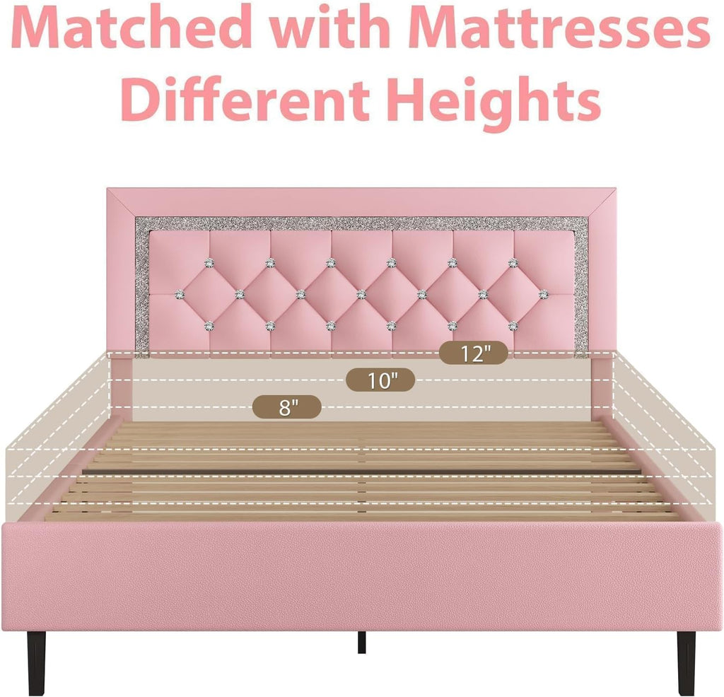 BarnFurin Queen Bed Frame with Tufted Button Headboard, Upholstered Platform Bed Frame with Diamond Design, Wood Slat Support, No Box Spring Needed, Easy Assembly, Pink
