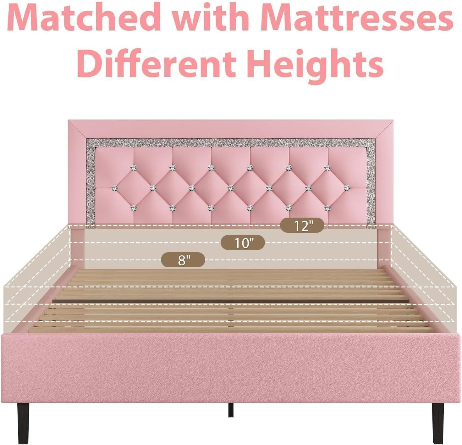 BarnFurin Queen Bed Frame with Tufted Button Headboard, Upholstered Platform Bed Frame with Diamond Design, Wood Slat Support, No Box Spring Needed, Easy Assembly, Pink