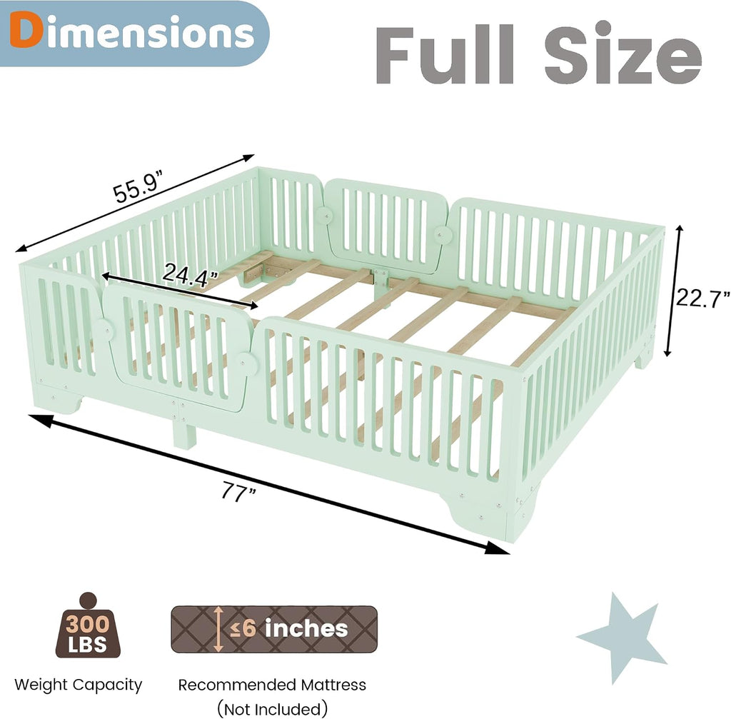 Montessori Full Floor Bed with High Rails and Removable Doors, Wood Low Profile Kids Full Size Bed Frame for Girls Boys, Safe Montessori Crib Floor Bed with Slats ,No Box Spring Needed, Green