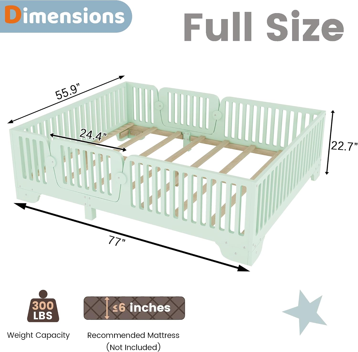 Montessori Full Floor Bed with High Rails and Removable Doors, Wood Low Profile Kids Full Size Bed Frame for Girls Boys, Safe Montessori Crib Floor Bed with Slats ,No Box Spring Needed, Green