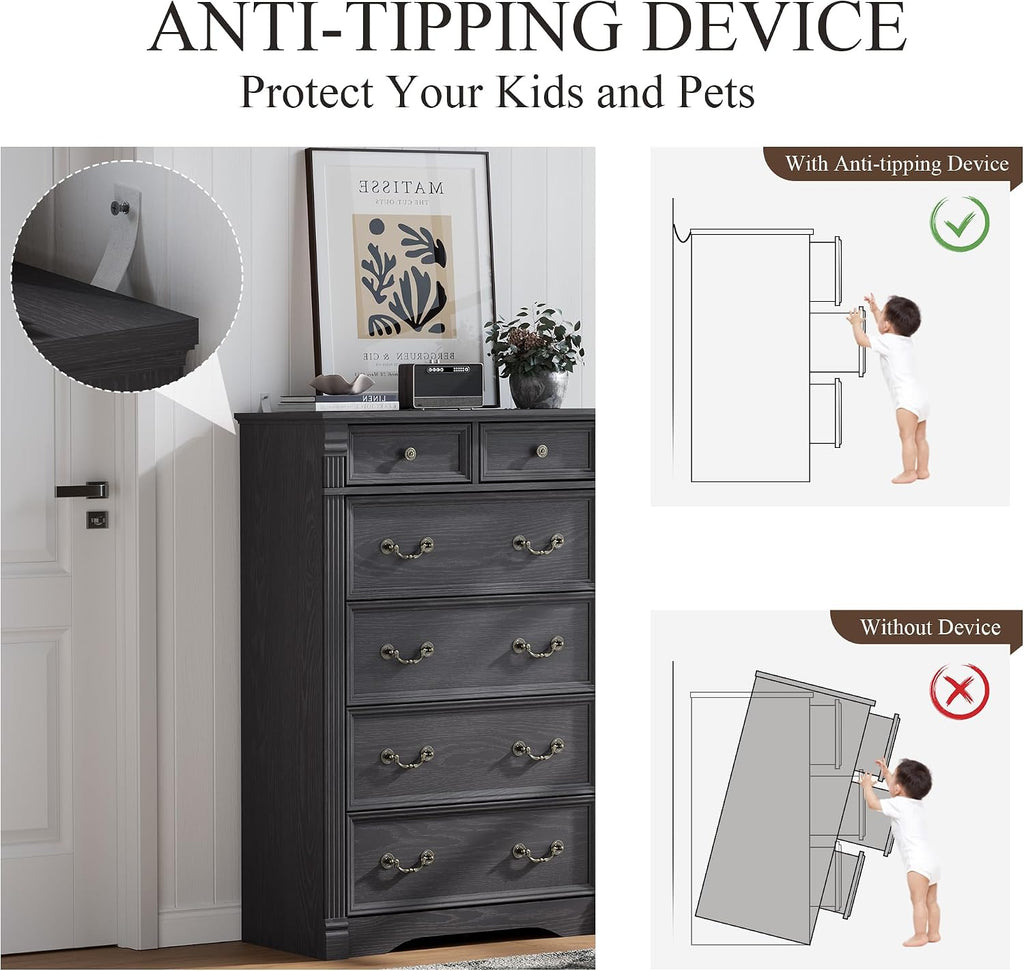 Bedroom Sets 3 Pieces, Farmhouse 6 Drawer Dresser and Nightstand Sets, Wood Bedroom Furniture Set for Bedroom, Living Room, Grey