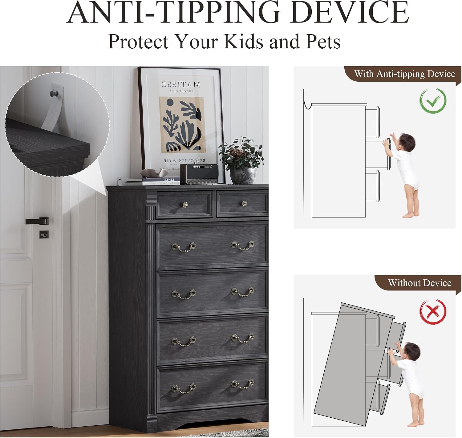 Bedroom Sets 3 Pieces, Farmhouse 6 Drawer Dresser and Nightstand Sets, Wood Bedroom Furniture Set for Bedroom, Living Room, Grey