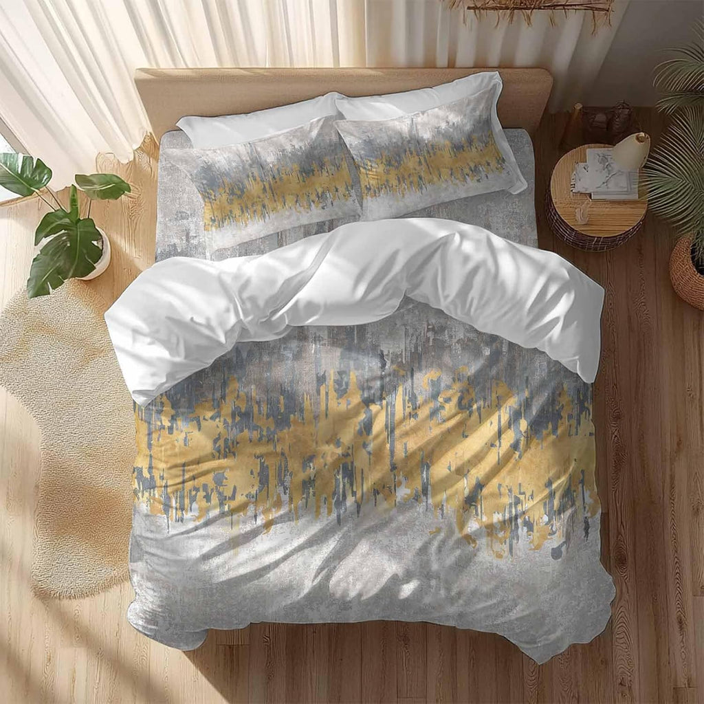 Abstract Duvet Cover Set Queen Size 4 Pieces Yellow Grey Graffiti Silhouette Art Modern Painting Bedding Set with Zipper Closure, 1 Comforter Cover 90x92 Inches 1 Flat Sheet & 2 Pillow Cases
