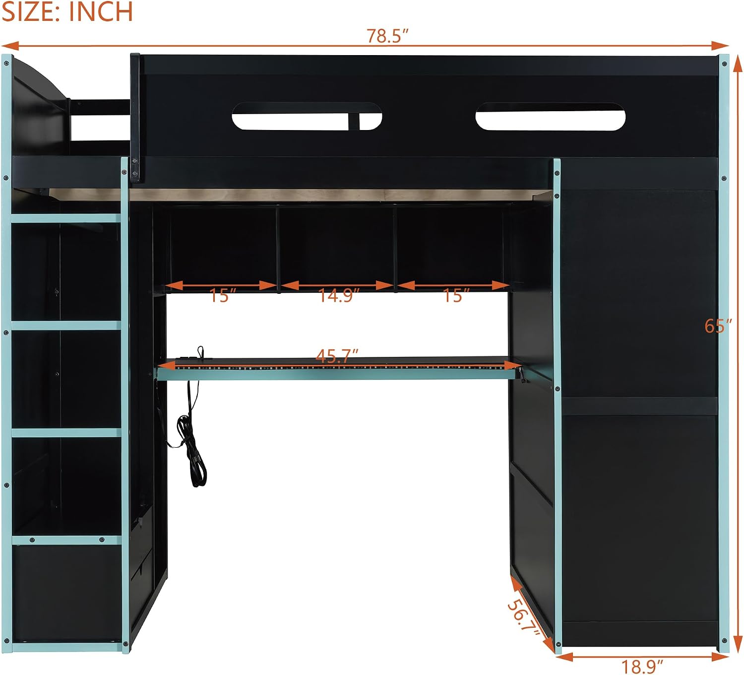 Ball & Cast Full Size Gaming Bed with Desk and Wardrobe,Wood Gamer Bed Frame w/Ample Storage Space & RGB Light,Full-Length Guardrails,USB Port,Ladder,Bedroom Furniture for Student Dorms,Cloud Blue
