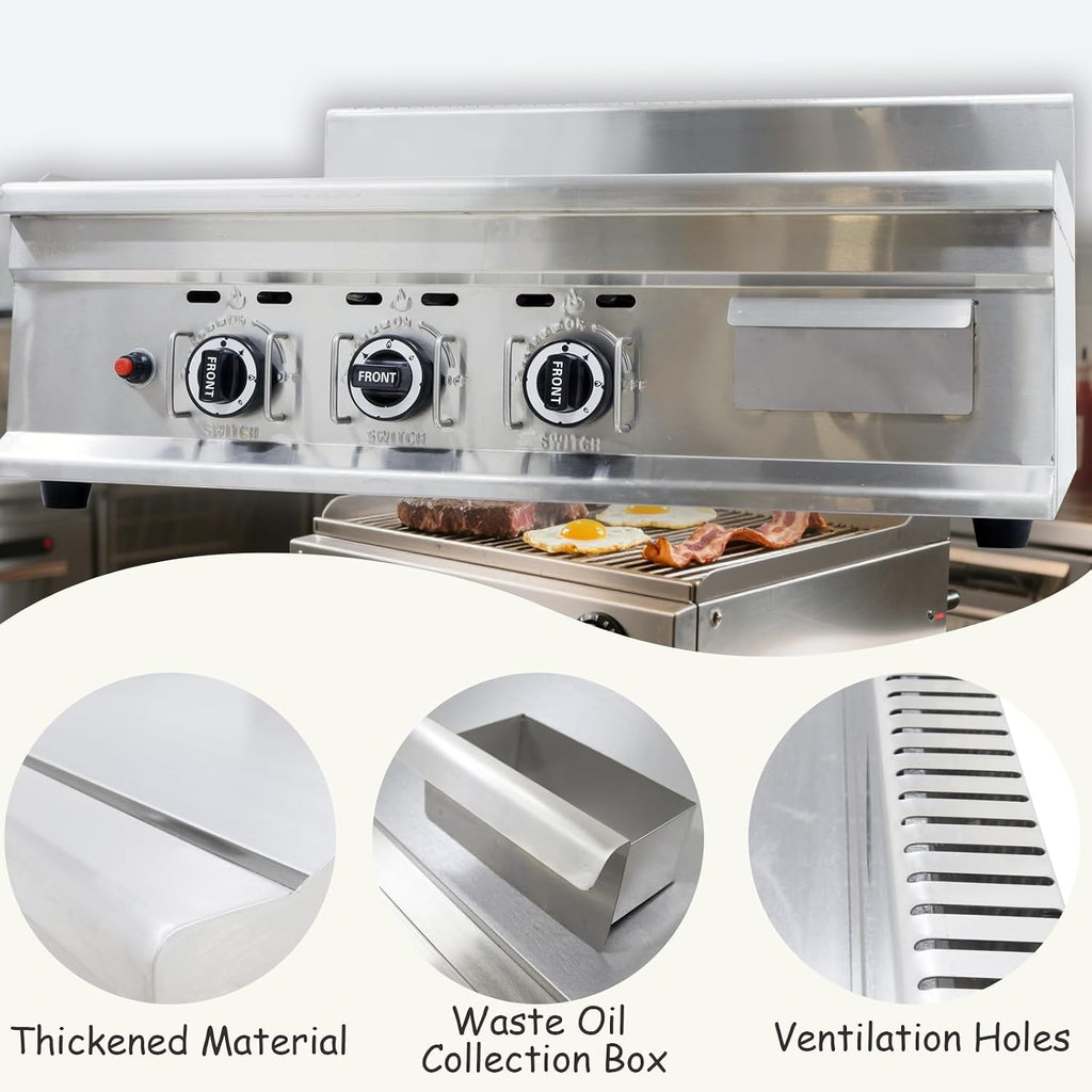 INTSUPERMAI Commercial Grill Griddle LPG Countertop Griddle 2800Pa Flat Top Grill Hot Plate Stove Stainless Steel Teppanyaki Grill Plate Size 35.63×21.65 in for Restaurant Kitchen Camping Outdoor BBQ