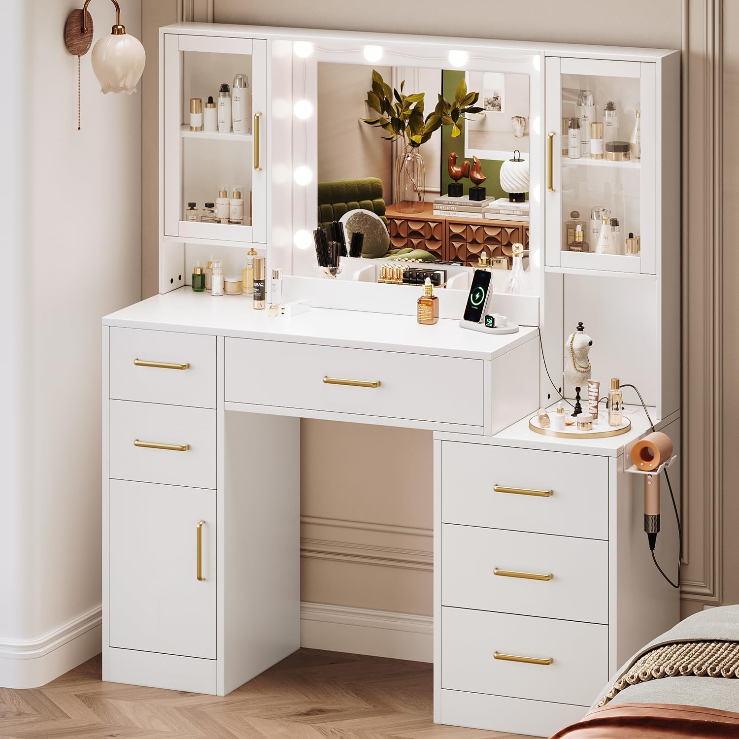 TOKSOM 51' Vanity Desk with Mirror and Lights & Charging Station, Bedroom Dressing Table, Large Vanity Set, 6 Drawers and 2 Cabinets, Makeup Vanity Table with Charging Station, Without Stool