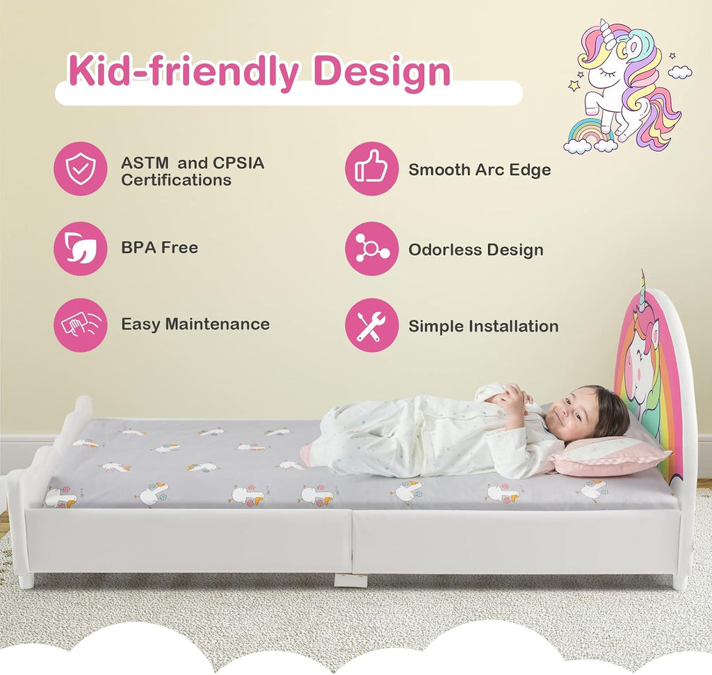 Costzon Twin Bed Frames for Kids, Wood Upholstered Twin Bed Platform with Slat Support, Padded Headboard&Footboard, No Box Spring Needed, Easy Assembly, Fits Standard Twin Mattress (Rainbow)