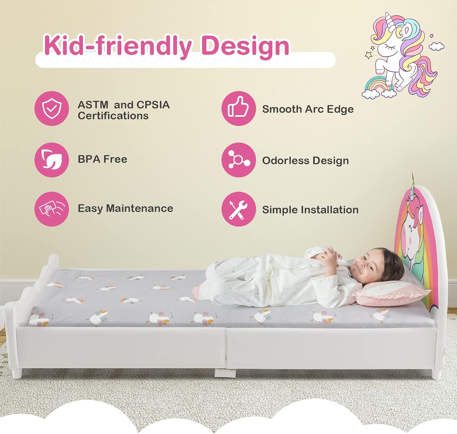 Costzon Twin Bed Frames for Kids, Wood Upholstered Twin Bed Platform with Slat Support, Padded Headboard&Footboard, No Box Spring Needed, Easy Assembly, Fits Standard Twin Mattress (Rainbow)