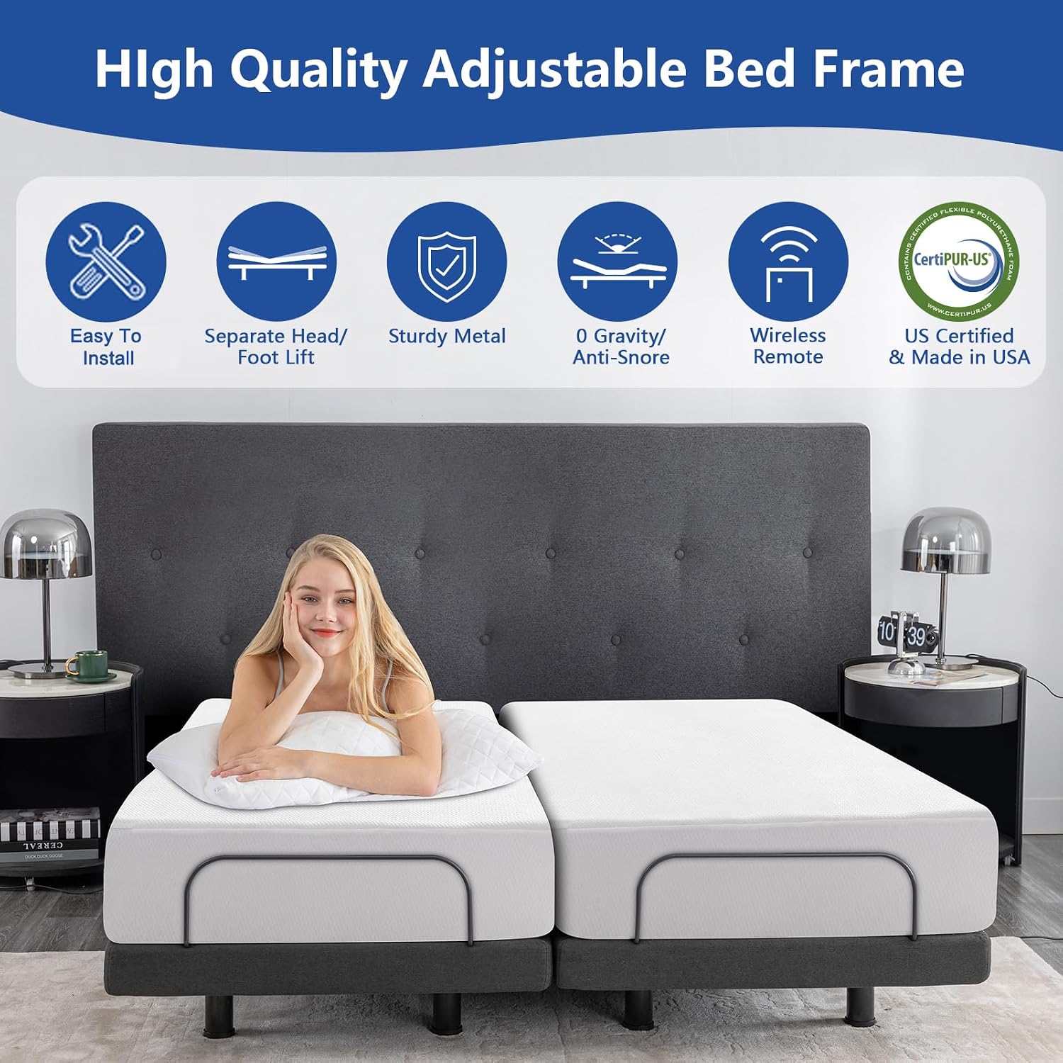 Vipbear Queen Size Adjustable Bed Frame, Adjustable Bed Base with Wireless Remote, Adjustable Leg Height,Separate Head/Foot Lift, 0 Gravity/Anti-Snore, Easy Assembly, Sturdy Metal, Smart Bed Frame