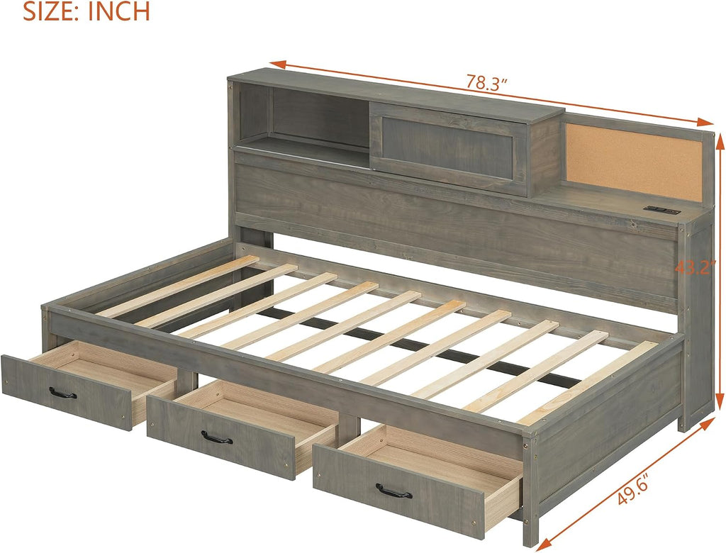 Wooden Daybed with 3 Storage Drawers, Upper Soft Board, Shelf, and a Set of Sockets and USB Ports, Twin Size, Gray