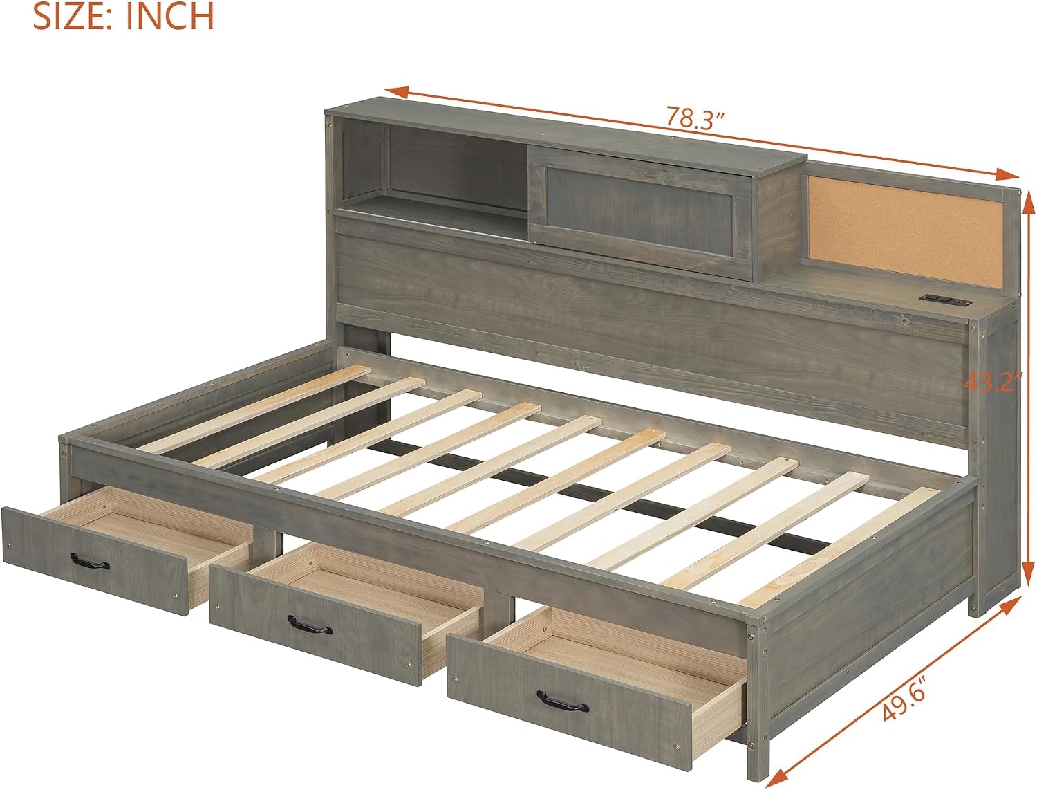 Wooden Daybed with 3 Storage Drawers, Upper Soft Board, Shelf, and a Set of Sockets and USB Ports, Twin Size, Gray