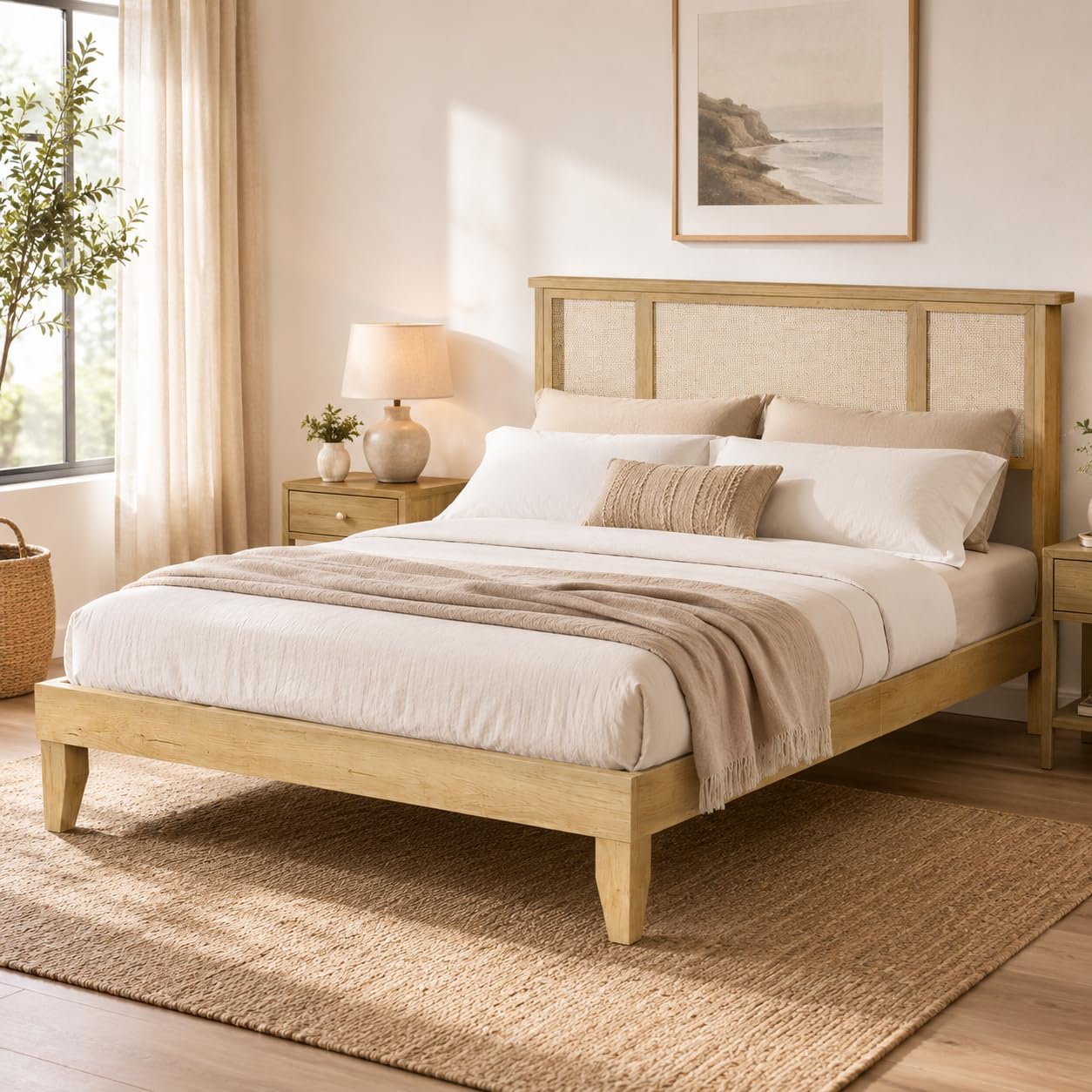 IDEALHOUSE Queen Bed Frame with Natural Rattan Headboard, Slats, Bohemian-Style Cane Mattress Support, Strong Metal Base with Resilient Wooden, No Box Spring Needed