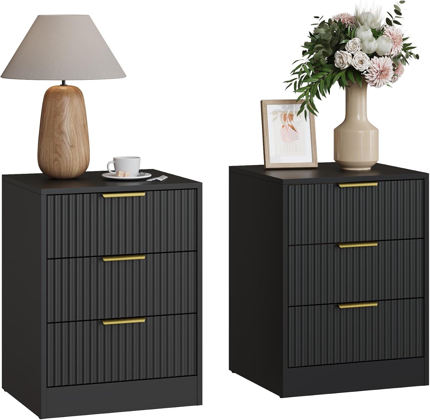 3-Piece Modern Bedroom Furniture Set, Wide 6-Drawer Dresser & 3-Drawer Nightstands Set of 2, Natural Wood Dresser and Nightstand Sets for Bedroom, Hallway, Black