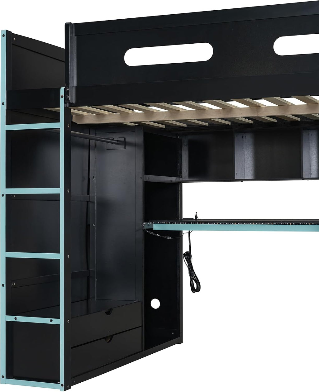 Ball & Cast Full Size Gaming Bed with Desk and Wardrobe,Wood Gamer Bed Frame w/Ample Storage Space & RGB Light,Full-Length Guardrails,USB Port,Ladder,Bedroom Furniture for Student Dorms,Cloud Blue