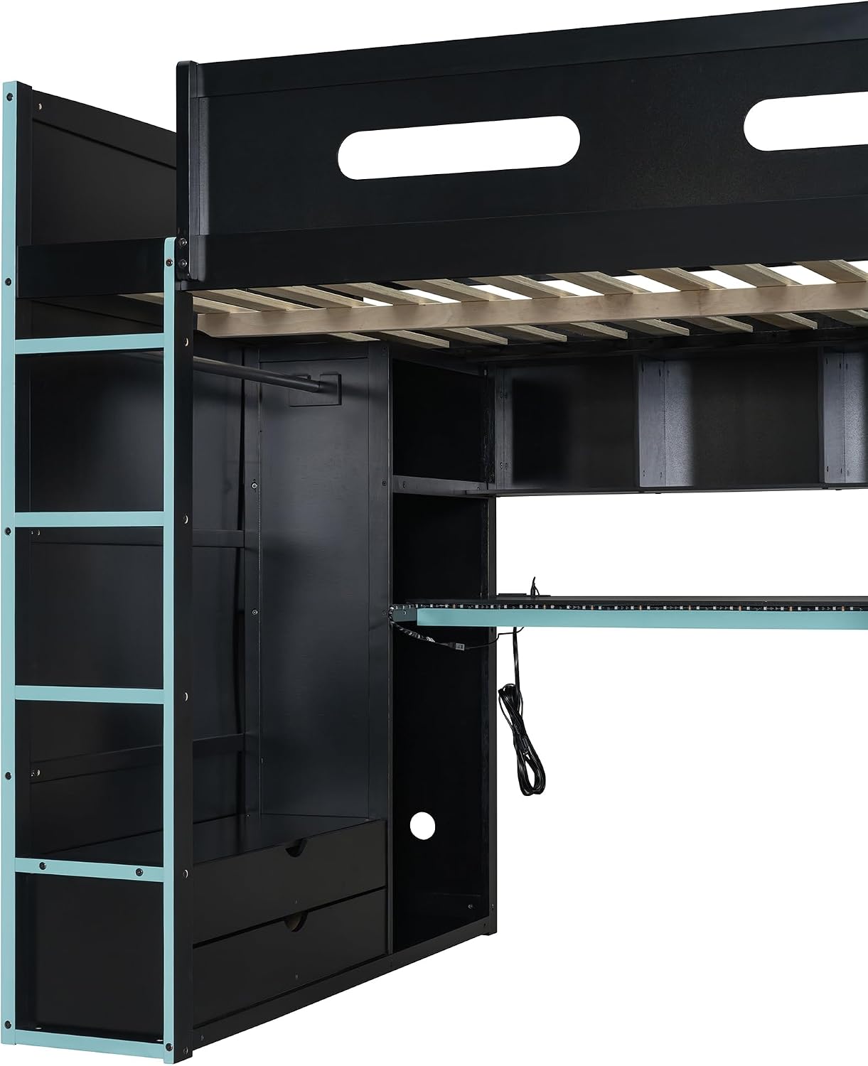 Ball & Cast Full Size Gaming Bed with Desk and Wardrobe,Wood Gamer Bed Frame w/Ample Storage Space & RGB Light,Full-Length Guardrails,USB Port,Ladder,Bedroom Furniture for Student Dorms,Cloud Blue