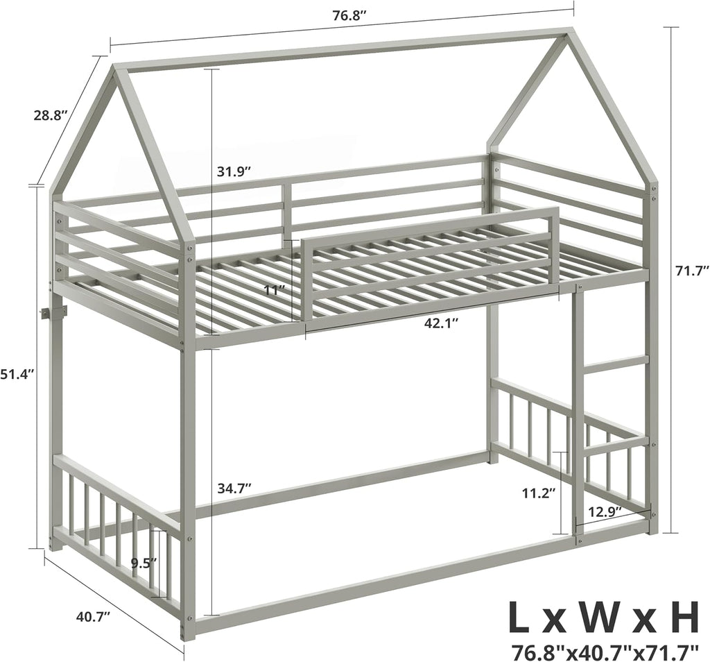 LIKIMIO Bunk Bed Twin Over Twin, House Bunk Bed Frame with Ladder and Guardrail, House Shaped with Metal Slats for Dormitory and Bedroom, Space Saving, No Box Spring Needed, Grey