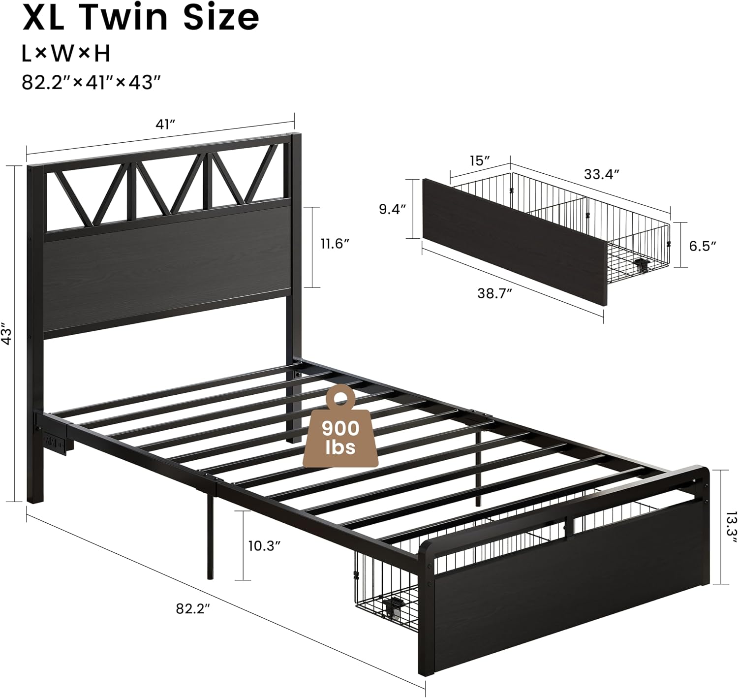 LIKIMIO Twin XL Bed Frames with Storage Drawer, Charging Station and LED Lights, Twin XL Bed Frame with Headboard, No Box Spring Needed, Easy Assembly for Teen Room, Small Apartment, Bedroom, Black