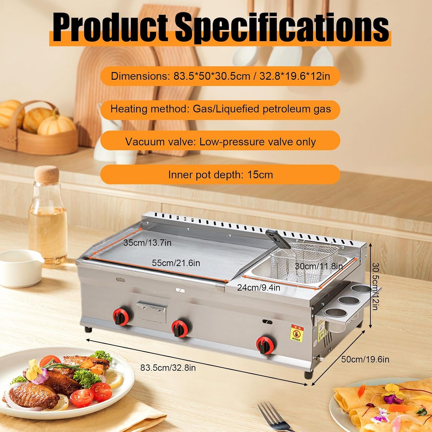 Gas Griddle With Fryer Commercial Flat Top Griddle, Fast Heating Gas System With Even Cooking Performance for Cafeteria and Food Service(Commercial)
