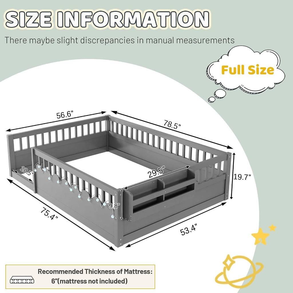 Montessori Floor Bed with High Rails,Full Size Floor Bed Frame for Kids, LED Lights & Storage Shelf, Safe & Wider Opening Gate Design, Playground & Sleep Space for Girls Boys,Grey