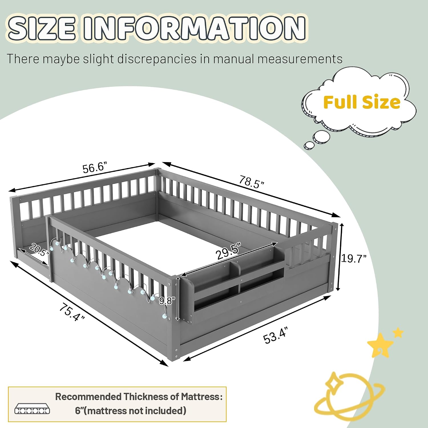 Montessori Floor Bed with High Rails,Full Size Floor Bed Frame for Kids, LED Lights & Storage Shelf, Safe & Wider Opening Gate Design, Playground & Sleep Space for Girls Boys,Grey