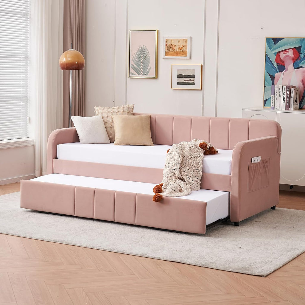 Deolme Twin to King Daybed with Trundle, USB Ports, Velvet Upholstered Daybed with Pop Up Trundle Bed, Modern Extendable Day Bed Frame for Kid Adult Bedroom Living Room Guest Room Small Places Pink