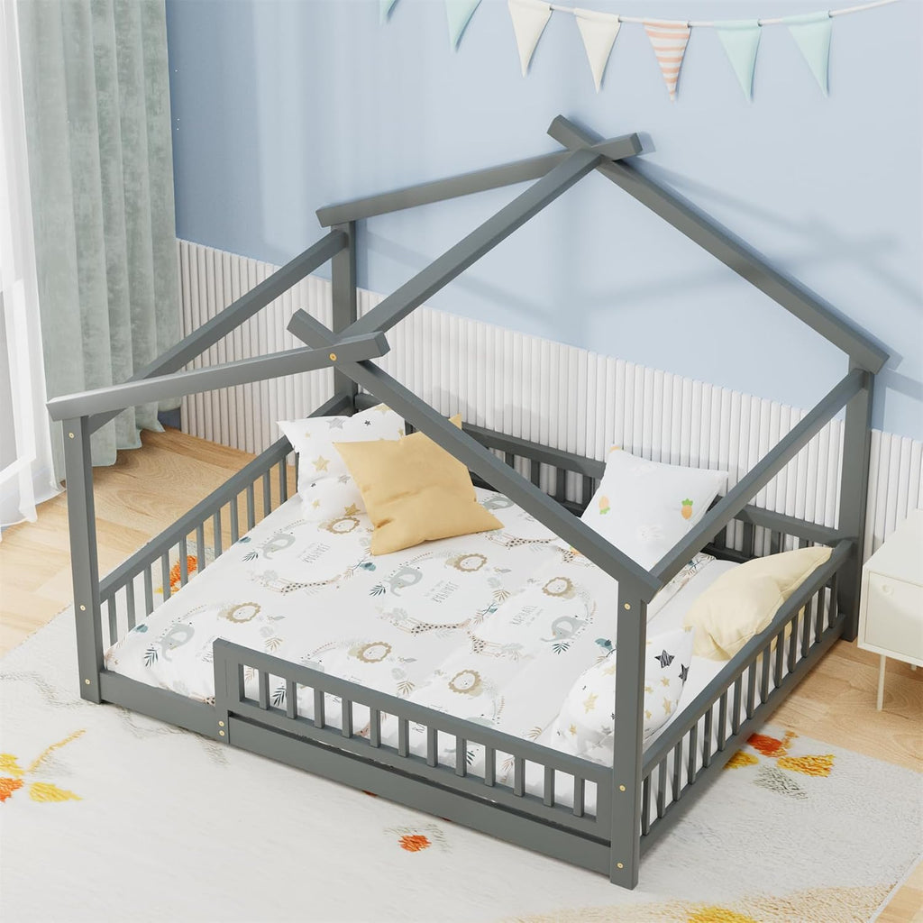LLS Full Size House Bed with Fence, Wooden Montessori Bed with Slats Support, Floor Bed Frame for Boys Girls Bedroom, Gray