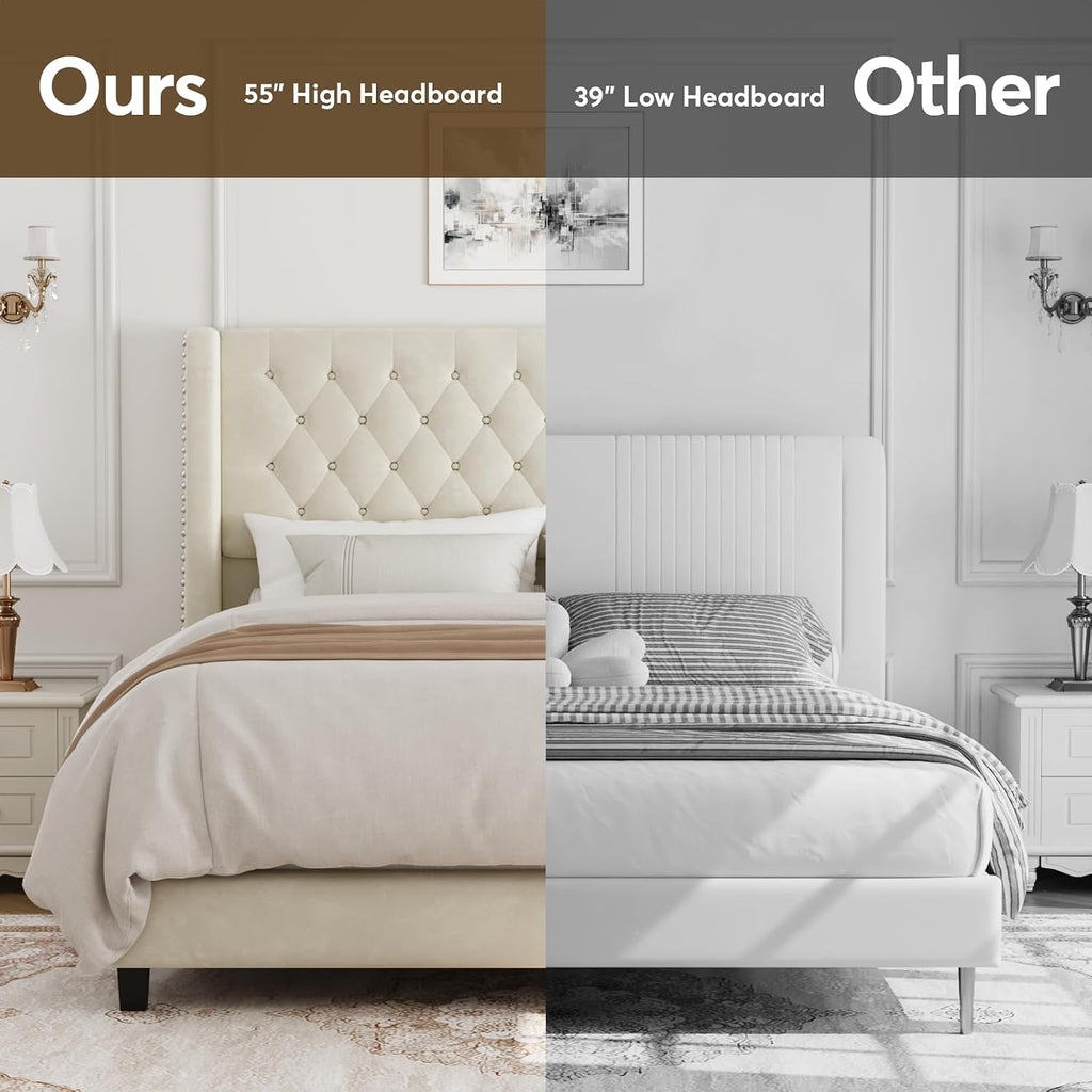 Full Bed Frame with 55' Tall Headboard, Upholstered Bed Frames, Soft Fabric, Button Tufted Headboard with Windback, Platform Bed, Noise-Free, No Box Spring Needed, Beige